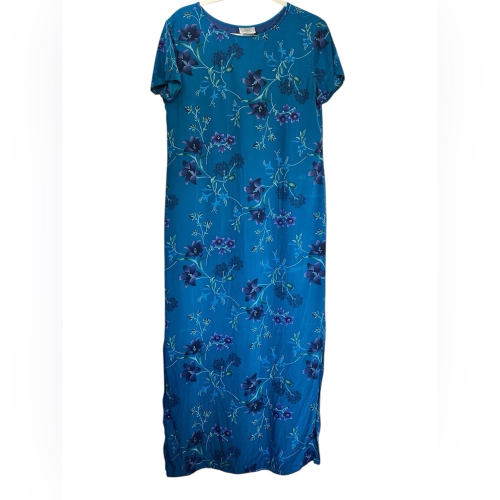 Vintage 90s Laura Ashley Teal Floral Silk Maxi Dress Lined UK14 US10